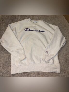 Champion Cream Sweatshirt with Purple Script Logo